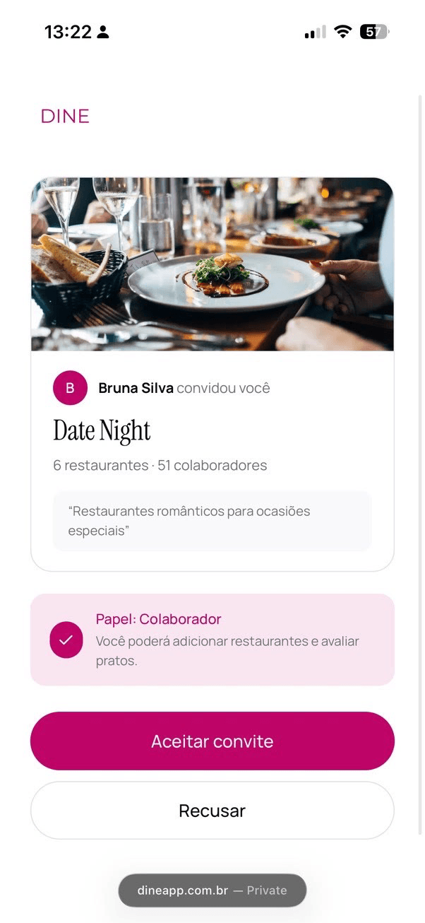 Convidado recebendo o link da playlist Date Night