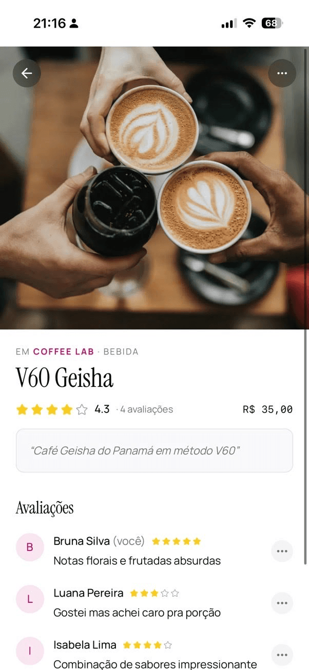 Tela de detalhe de prato com estrelas, preco e avaliacoes de amigos